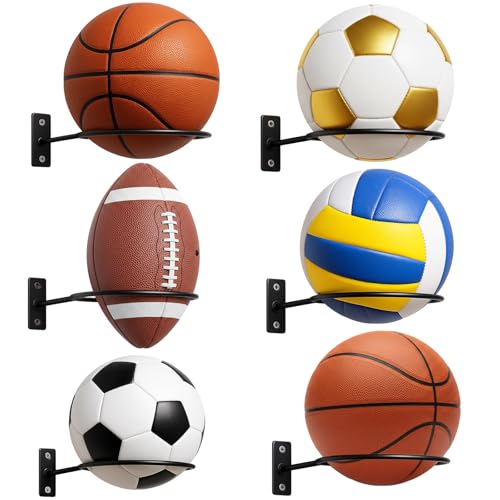 Threan Basketball Holder Wall Mount, Sports Ball Storage Display Rack for Basketball Football Volleyball Soccer, Metal Black Ball Holder, Room Decor Saver Storage Display