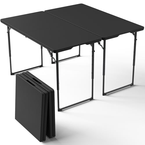 2 Pack Folding Table 4ft - Heavy Duty Fold-in-Half Plastic Table with Adjustable Height, Portable Utility Tables with Steel Legs for Indoor, Outdoor, Picnic, Camping, Dining, Party (Black) - color: Black, size: 4FT-2pack