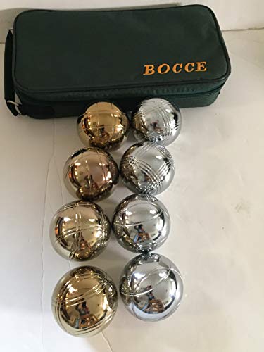 BuyBocceBalls Listing - 73mm Metal Bocce and Petanque Set with 8 Gold and Silver Balls (4 Striping Patterns) and Green Bag - Single