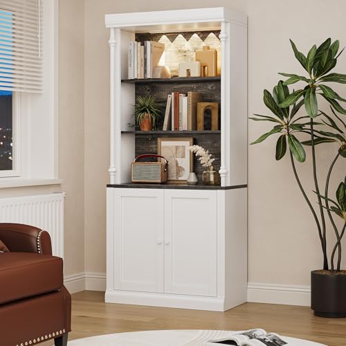 GarveeHome Tall Storage Bookcase with 3-Tier Open Shelves and Double Door, Roman Column Design and 4 Adjustable Lights, White & Black Wood Grain Display Storage Cabinet for Home Office, Living Room