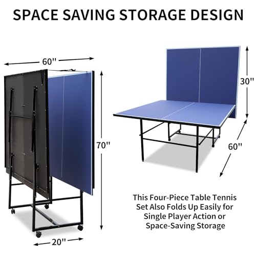 9ft Foldable Ping Pong Table Set with Net, Paddles & Balls - Professional MDF Indoor Table Tennis for Home, Office, Game Room - Easy Assembly & Space Saving Storage,Blue