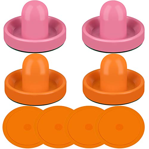 ONE250 Air Hockey Pushers and Red Air Hockey Pucks, Goal Handles Paddles Replacement Accessories for Game Tables (4 Striker, 4 Puck Pack) - color: Orange & Pink
