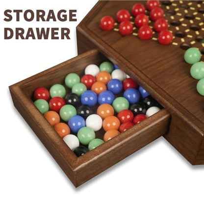 Chinese Checkers Board Game - 15” Large Wooden Checkers Game with Storage Drawer, 16mm Glass Marbles (60 + 12 Extras), Classic Family Strategy Game for 2-6 Players - size: 15"