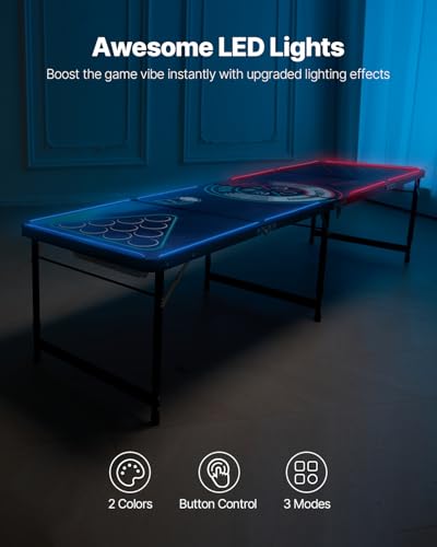 VEVOR 8 Foot Portable Beer Pong Table, LED Lights, Foldable Tailgate Desk with Carrying Handles and 6 Pong Balls, Adjustable Height, Lightweight, for Office, Tailgate Party, Travel & Camping