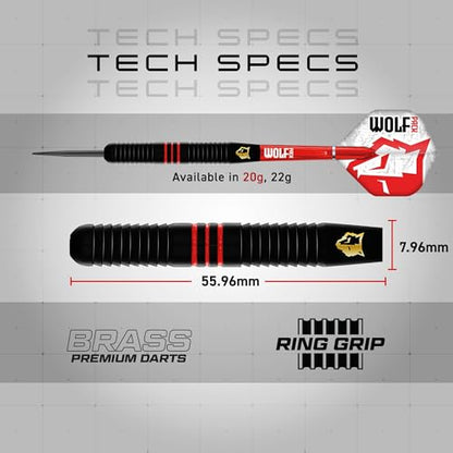 RED DRAGON Wolf Pack Brass Darts Set with Flights, Shafts & Bar Wallet - Available in Soft Tip 18g and Steel Tip 20g & 22g