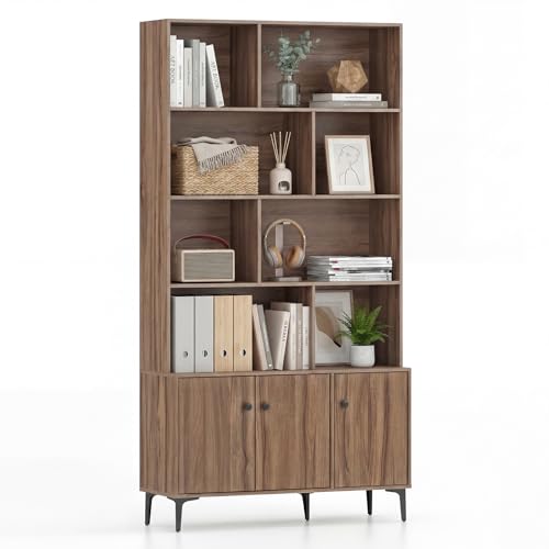 Giantex 68.5" Tall Bookcases and Bookshelves with 3 Doors, Floor Standing 5 Tier Bookshelf Display Shelves, Bookcase with Storage Cabinet, Decor Furniture for Home Office, Living Room, Walnut - color: Walnut, size: 35.5" x 12" x 68.5"