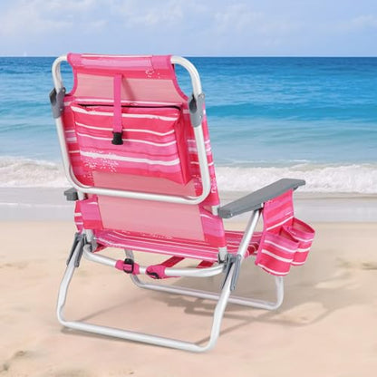 Tangkula Set of 2 Backpack Beach Chair, 5-Position Lightweight Folding Lay Flat Beach Chairs with Cooler Bag, 2 Cup Holders, Towel Bar, Backpack Straps - color: Pink Stripe, style: 2 Pack