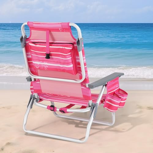 Tangkula Set of 4 Backpack Beach Chair, 5-Position Lay Flat Beach Chairs with Cooler Bag, 2 Cup Holders, Towel Bar, Lightweight Low Folding Beach Chair with Backpack Straps - color: Pink Stripe, style: 4 Pack