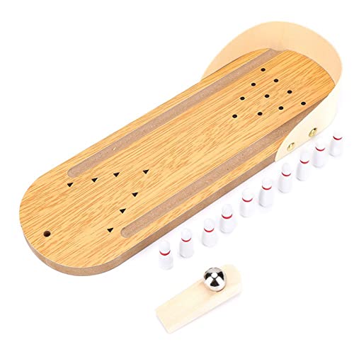 Mini Bowling Game Desktop Wood Set with Adjustable Launch Plate and Metal Ball for Office Stress Relief and Kids Entertainment