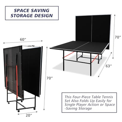IUNNDS Portable Table Tennis Table 6/8/8.5/9FT Foldable Ping Pong Game Set for Indoor with Net and Post Set, 2 Paddles and 3 Balls - color: Black-9FT