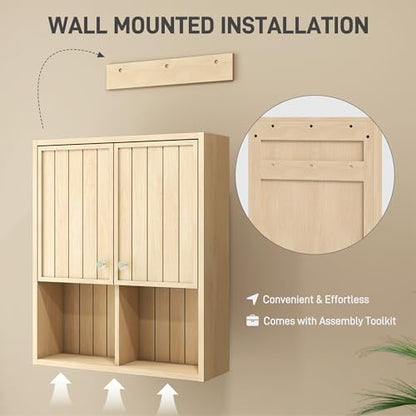 Bathroom Storage Cabinet Wall Mounted, Pre-Assembled Wood Medicine Cabinet with 2 Doors, Slim Hanging Wall Cabinet Over The Toilet for Small Spaces, Modern Farmhouse Style,Natural Oak