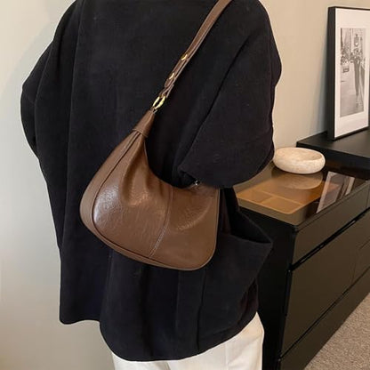 Shoulder Bags for Women Small Hobo Bags Crescent Shaped Cute Retro Tote Handbag Mini Clutch Purse with Zipper Closure - color: Brown Vegan Leather