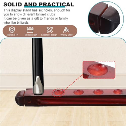 Cabilock Wine Red 6-hole Wood Cue Display Rack Wall-mounted Pool Cue Holder Billiards Stick Storage Stand for Indoor Recreation Room