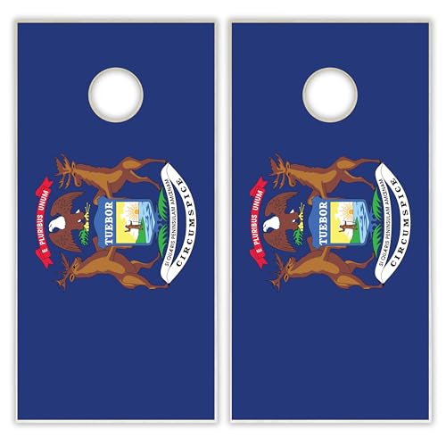 State Flag Solid Wood Regulation Cornhole Set 4 Feet x 2 Feet Includes Set of 8 Bags and Carrying Case with Optional LED Lights and Lamination - style: Michigan