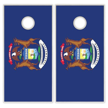 State Flag Solid Wood Regulation Cornhole Set 4 Feet x 2 Feet Includes Set of 8 Bags and Carrying Case with Optional LED Lights and Lamination - style: Michigan