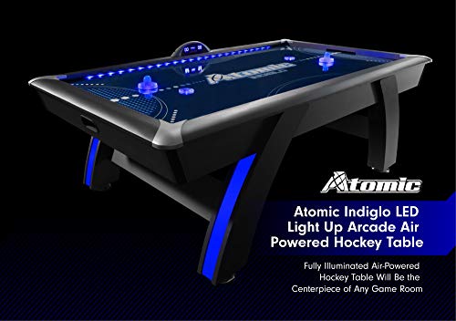 Atomic 90” Indiglo LED Light Up Air Hockey Table – Fully Illuminated Arcade Style Table with LED Scoring, Light Up Pucks & Pushers, in‑Rail Lighting and Music