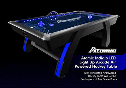 Atomic 90” Indiglo LED Light Up Air Hockey Table – Fully Illuminated Arcade Style Table with LED Scoring, Light Up Pucks & Pushers, in‑Rail Lighting and Music