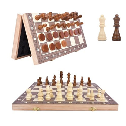 Magnetic Chess & Checkers Set 15", 2-in-1 Foldable Wooden Board | Melamine Surface, Exclusive Numbered Chess Board, Secure Storage Slots, Family Strategy Game for Kids and Adults