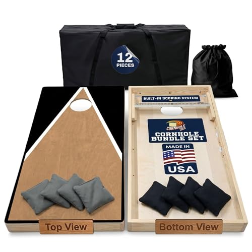 Cornhole365 Complete Cornhole Board Set - Includes Solid Wood Cornhole Board, 8 All-Weather Cornhole Bags, Portable Carrying Case & String Tote Bag Outdoor Game Bundle - color: Black Triangle
