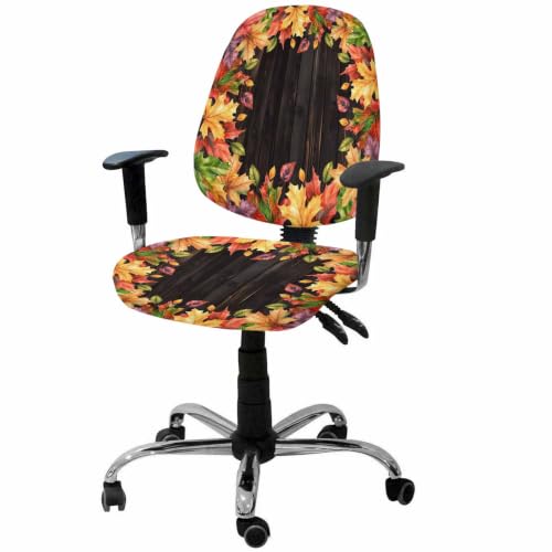 Savannan Office Chair Cover, Fall Watercolor Maple Leaves Protective Stretch Elastic Universal Cover for Desk Task Chair,Computer Rotating Chair 1 Pcs Thanksgiving Plant on Dark Wood