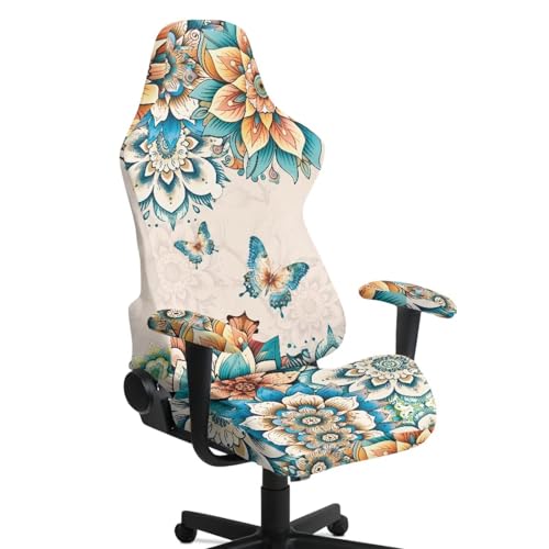 Butterfly Print Gaming Chair Covers Boho Mandala Flower Print Gamer Chair Cover Set with 2 Armrest Covers for Swivel Rotating Chairs, Machine Washable - color: Brown - Butterfly Boho Mandala Flower