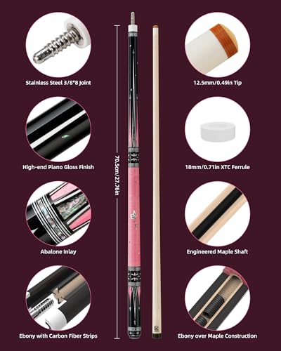 KONLLEN KL-KB Low Deflection Maple Billiards Cue Pool Cue Stick Real Wood Abalone Shell Inlay Wrapless 12.5mm Tip - color: KL-KB-Pink