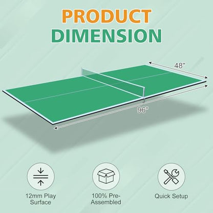 8ft Green Mid Size Ping Pong Conversion Top Foldable Portable Table Tennis Table Top for Indoor Games
