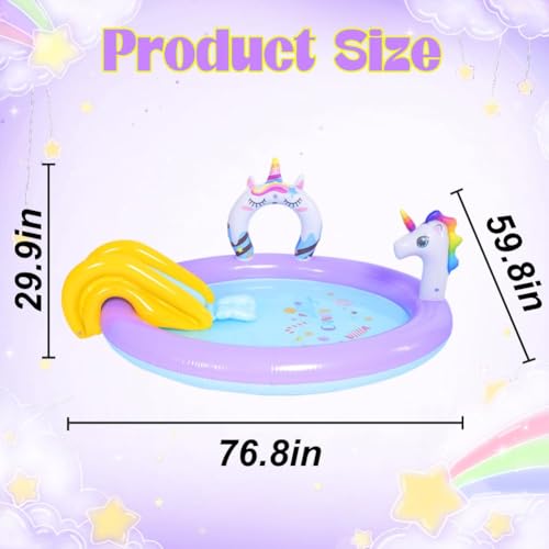 Unicorn Inflatable Swimming Pool with Water Slides, Inflatable Play Center Kiddie Pool with Water Sprayer Garden Outdoor Backyard - size: 76.8"