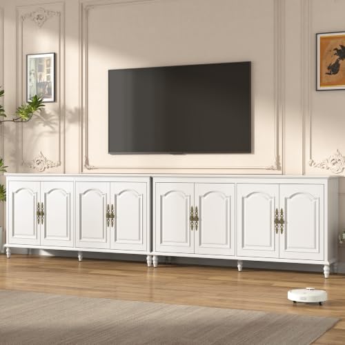 Hlivelood 65" Buffet Cabinet with Storage, Mid Century Modern Sideboard with Adjustable Shelves, Paint Cabinet, Wood Carving Design, Brass Carved Handles & Solid Wood Gourd Legs, Pearl White - color: Pearl White
