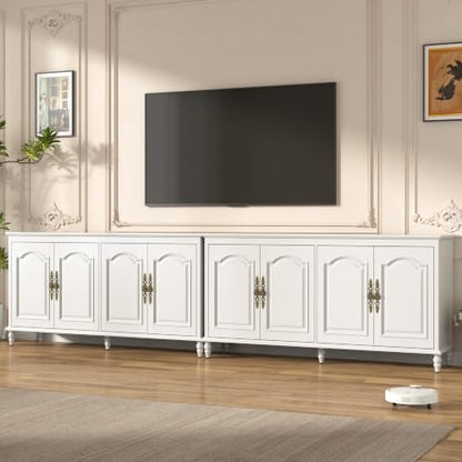 Hlivelood 65" Buffet Cabinet with Storage, Mid Century Modern Sideboard with Adjustable Shelves, Paint Cabinet, Wood Carving Design, Brass Carved Handles & Solid Wood Gourd Legs, Pearl White - color: Pearl White