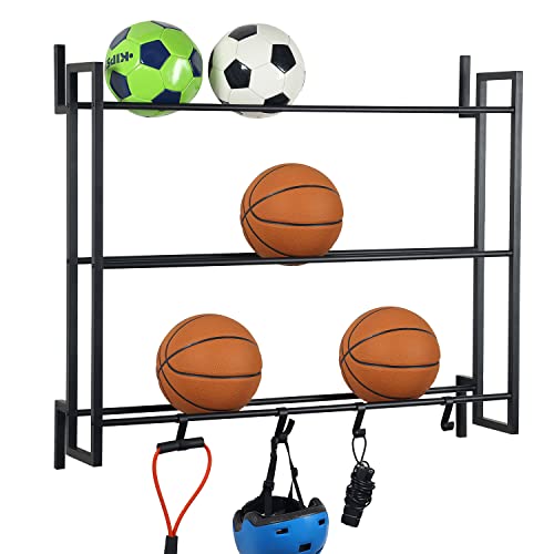 MyGift Ball Rack Wall Mounted, 3 Tier Gym Exercise Equipment Storage Organizer Shelf Display with 4 S-Hooks for Basketball Football Volleyball