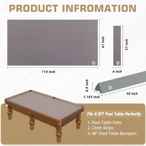Pool Table Felt and Bumper Kit Felt for Billiard Cloth with Pool Table Bumpers and Cushions Facing, 6 Pcs Cloth Strips and Staple Remover - color: Grey, size: 8.5FT Over Size + 48'' Bumpers