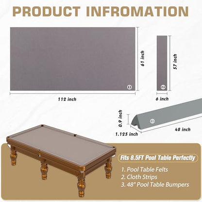 Pool Table Felt and Bumper Kit Felt for Billiard Cloth with Pool Table Bumpers and Cushions Facing, 6 Pcs Cloth Strips and Staple Remover - color: Grey, size: 8.5FT Over Size + 48'' Bumpers