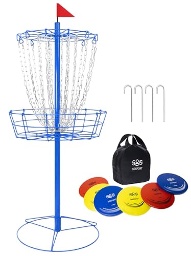 Disc Golf Basket - Portable Disc Golf Target with Heavy Duty 24-Chains Come with 6pcs Disc Golf Discs and Carry Bag, Ground Stake -Suitable for Players of All Levels - Multi Color Available - style: Basic-Blue - 6 Pcs