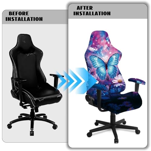 Suobstales Butterfly Daisy Flower Pattern Stretchable Gaming Chair Cover with Armrest Protector Washable Elastic Computer Chair Slipcover Anti-Slip Easy to Install Water-Repellent for Office Use - color: Butterfly Daisy Flower