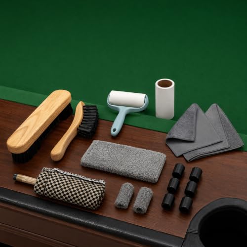 6 Piece Pool Table Cleaning Kit Professional Billiard Felt Cleaner Rail Brush Set with Wooden Brushes Cue Cloths Ferrule Polish Cloths and Sticky Lint Roller for Table Care