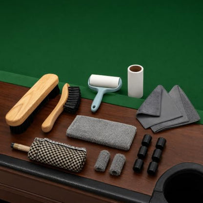 6 Piece Pool Table Cleaning Kit Professional Billiard Felt Cleaner Rail Brush Set with Wooden Brushes Cue Cloths Ferrule Polish Cloths and Sticky Lint Roller for Table Care