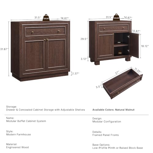 ACCOHOHO Modern Farmhouse Buffet Cabinet, 31.5" Sideboard Credenza, Modular Storage Cabinet with Framed Panel Fronts, Adjustable Shelves & Dual Base Design, Natural Walnut - color: Natural Walnut, size: 1 Piece