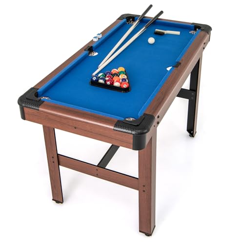 Goplus 48” Pool Table, Wooden Billiards Table w/ 2 Cue Sticks, 16 Balls, 2 Chalks, Triangle, Brush, Compact Pool Game Table for Kids Adults Family Game Room Bar Office - style: Upgrade Table 48’’, Blue