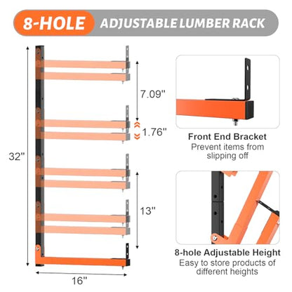 32" Lumber Storage Rack, Upgrade Folding Lumber Rack Wall Mount, Heavy Duty Adjustable Metal 8 Level Wood Storage Rack for Garage Storage Organization, 4 Packs - style: 4 Pack 32In