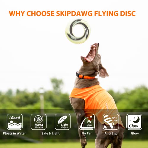 SKIPDAWG Dog Glow Tug Toy, Flying Disc Dog Toy Light Weight TPR/Nylon Fabric Non-Toxic Material, Pet Training Toys/Outdoor Night Exercise Toys for Dogs, Diameter 9 Inches - color: Glow White