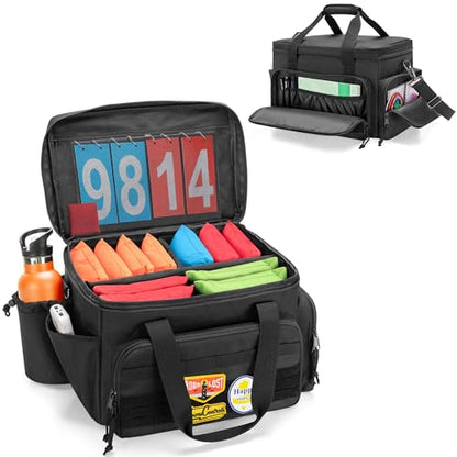 GOBUROS Cornhole Bag Holds Up to 14 Bean Bags, Professional Cornhole Carrying Bag with Detachable Divider, Molle Straps and Multiple Pockets for Essentials, Black