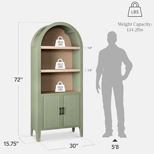 Best Choice Products 72" Tall Arched Pantry Cabinet w/Reeded Doors, 5-Tier Bookshelf, Armoire, Hutch, Bookcase, Storage Cabinet w/Adjustable Shelves, for Dining Room and Livingroom - Sage - color: Large - Sage