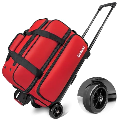 Goloni Double Roller 2 Ball Bowling Bag with Separate Shoe Compartment,2 Ball Bowling Bag with Wheels,Retractable Handle Extends to 40" - color: Red
