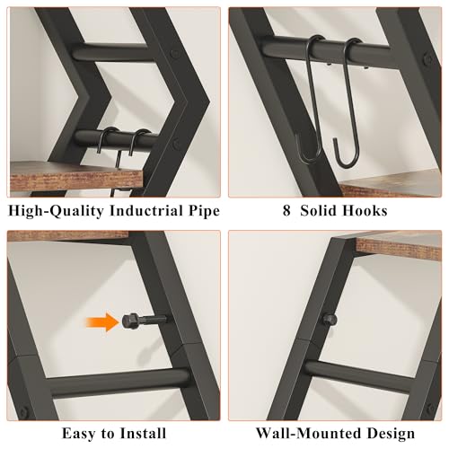 kepptory 39 inch Large Gaming Floating Shelves with LED Lights, 5 Tier Wall Mounted Shelves with 2 Removable Glass Shelf, Pipe Shelves Hanging Display Rack with 8 Hooks, Easy Assembly (Retro Brown) - color: Brown, size: 7.9"D x 39.4"W x 34.3"H