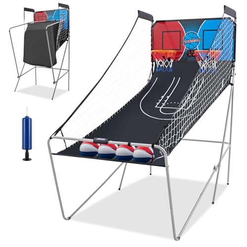 Goplus Foldable Dual Shot Basketball Arcade Game, Electronic Basketball Hoop w/LCD Scoreboard, 8 Game Modes, 4 Balls, Indoor Outdoor Basketball Game Machine for Adults (Red+Navy) - color: Red+navy