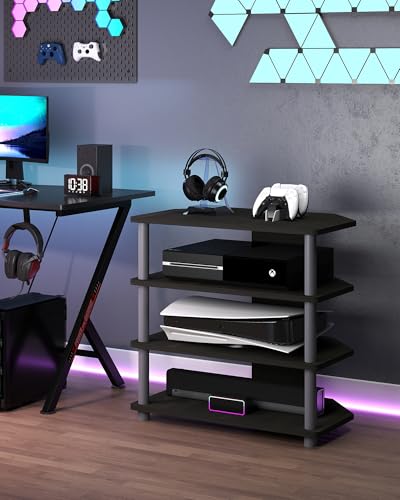 Game Console Stand, 4-Tier Small Entertainment Stand with Open Shelves, Media Center for Bedroom Dorm Living Room, Fits TV up to 32” - color: Espresso/Grey