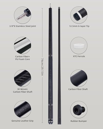 CRICAL Carbon Fiber Pool Cue with Stick Low Deflection Shaft - 58 Inch Billiard Cue Stick with Cowhide Grip & 3K Weave Design, 12.5mm Tip, Fixed Weight (19oz), 3/8x8 Joint – Ideal for Players - color: CL-VP-2-set4