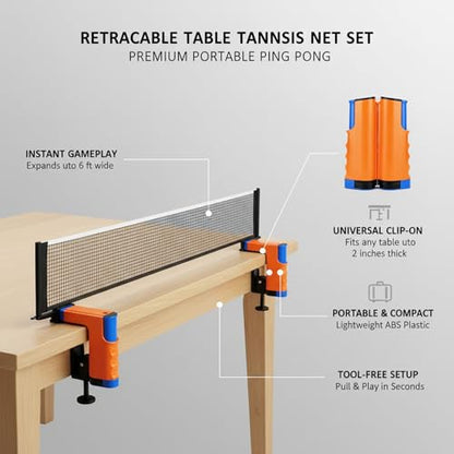 Retractable Table Tennis Net Set, Portable Clip-On Ping Pong Net for Any Flat Surface, Tool-Free Setup with Durable Plastic Construction - color: Orange