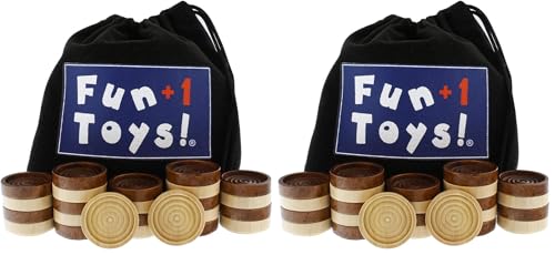 Fun+1 Toys! Classic Wood Checkers Stackable Pieces - Set of 26 Total Checkers Pieces in a Velvet Drawstring Storage Pouch. Each Piece 1.125-Inch Wide and in Brown/Natural Colors. (Pack of 2) - size: 1.125 inches by 1.125 inches (Pack of 2)
